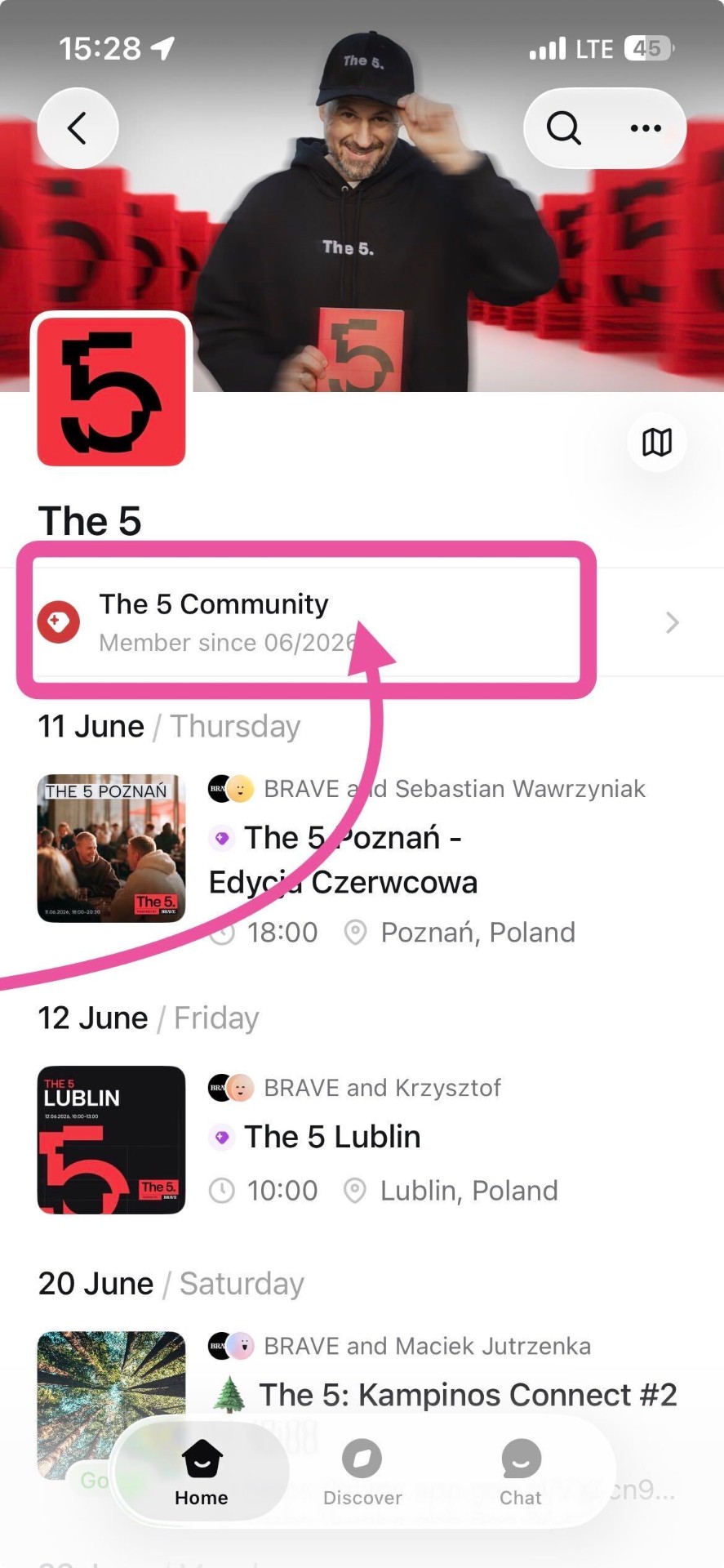 Zrzut ekranu aplikacji Luma - przycisk Dołącz przy The 5. Community